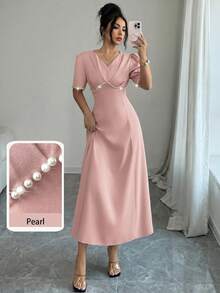Modelyn Đầm dài màu xanh lá cây đính ngọc trai, cổ chữ V, eo cao. - Hồng - Xem 3