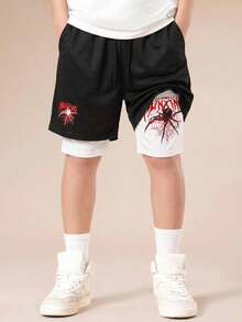 SHEIN 青少年男孩黑色雙層蜘蛛印花2合1運動短褲，紅黑配色，夏季街頭風，Y2K SS26，黑白，運動、外出、旅行、度假 - 彩色 - 查看 2