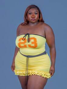 CurvyTilda 2pcs 2025 Spring/Summer New Streetwear & Sexy Style, Yellow No.23 Graphic, Fitted Knot Bandeau Top And Multi-Layer Ruffle Hem Mini Skirt, Plus Size Ladies 2 Pieces Set, For Hourglass Body Shape - Yellow - View 6