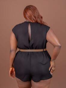CurvyTilda PLUS SIZE WOMEN BATWING SLEEVE SOLID POCKET ROMPER WITH BELT, For Hourglass Body Shape - Black - View 2