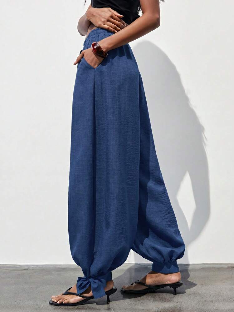 SHEIN Maija Women's Solid Color Drawstring Waist Pocket Wide Leg Pants