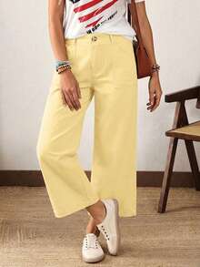 EMERY ROSE Plus Size Women Loose Fit Pockets Wide Leg Casual Jeans Holiday Vacation Light Yellow Summer - Yellow - View 7
