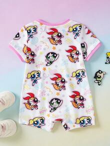 THE POWERPUFF GIRLS X SHEIN Bộ áo liền quần tay ngắn in hình hoạt hình cho bé gái, thích hợp mặc mùa hè. - trắng - Xem 2