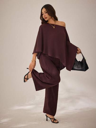 SHEIN PETITE New Casual Commuting One-Shoulder Irregular Top + High Waist Wide-Leg Pants Women 2-Piece Set, Suitable For Spring And Summer