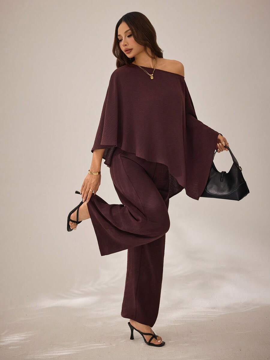 SHEIN PETITE 新款休闲通勤单肩不规则上衣+高腰阔腿裤女式两件套，适合春夏穿着 - 棕色 - 查看 1