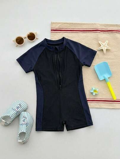Dazy Kids Young Girl Solid Color Short Sleeve Zipper Half-Placket Casual One-Piece Swimsuit, Summer