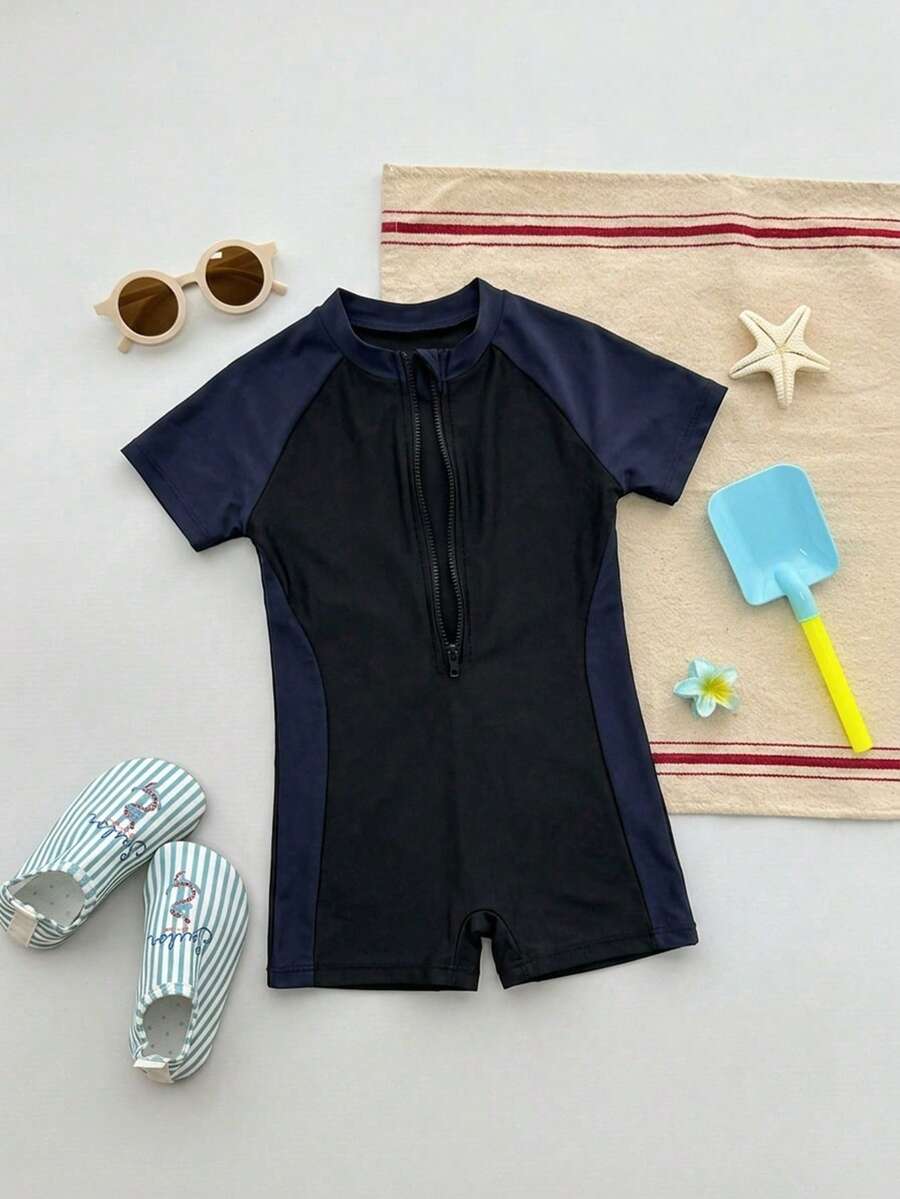 Dazy Kids 女童纯色短袖拉链半开襟休闲连体泳衣,夏季度假 - 黑色 - 查看 1