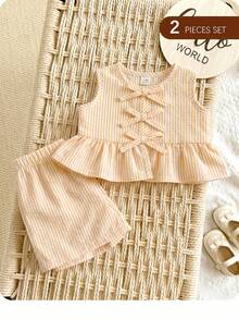 Conjunto de regata e shorts para recém-nascida, estilo casual e fofo, com listras rosa e brancas e laço decorativo. - Multicolorido - Ver 6