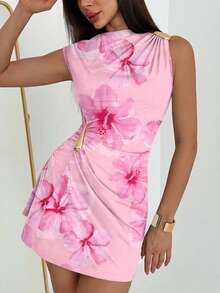 Aloruh Metal Decor Ruched Umbrella Floral Print Cap Sleeve Mini Skirt - Pink - View 5