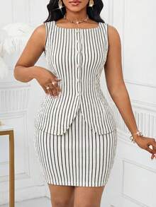 SHEIN Lady 女士条纹单排扣背心和迷你裙优雅两件套 - 黑與白 - 查看 5