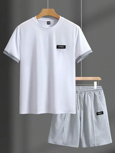 Manfinity Homme 男士字母印花短袖T恤和短裤休闲套装