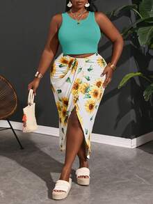 Slaydiva Plus Size Women Solid Color Versatile Tank Top And Floral Print Asymmetrical Hem Ruched Slit Skirt 2 Pieces Set Beach Vacation Teal White Summer Boho - Mint Blue - View 6
