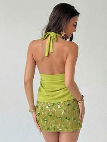 Lavishia Women's Halter Top And Sequin Mini Skirt Elegant Sexy Luxury Set, Suitable For Vacation Beach Night Out Green Summer - Green - View 3