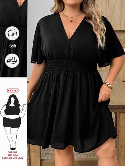SHEIN CURVE+ Đầm chữ A cỡ lớn cổ chữ V xếp nếp, thích hợp cho kỳ nghỉ biển, phong cách Boho, Hippie, Y2K, mùa hè, ngày Valentine, đầm hẹn hò thanh lịch.