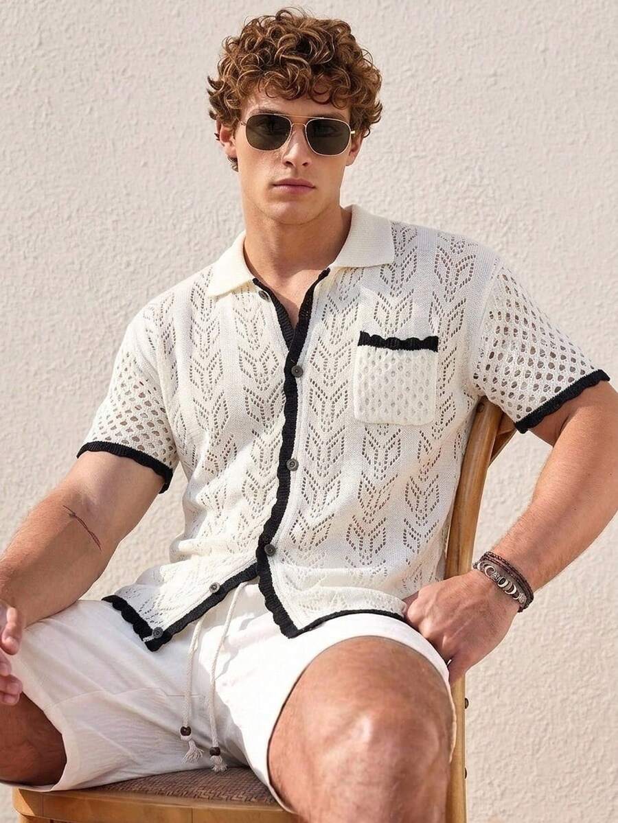 Manfinity CityGents Old Money  Men's Contrast Trim Front Button Pocket Casual Short Sleeve Knit Top Mens Crochet Shirt Net Shirt Mens Mesh Shirt Mens Summer Shirt Blouses For Men Holiday Crochet Shirt Men Resort Wear Men Beach Outfit For Men Top Vintage Outfit For Men Retro Outfit For Men Zipper Holiday / Vacation / Beach / Hawaii / Tropical / Swim /  Bathing  / Wedding / Ceremony / Groom / Graduation / Party / Evening / Dinner  Mens Summer Holiday Clothes Vacation Outfits For Men Outfit For Beach Knit Shirt Men S