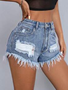SHEIN PETITE Quần short denim nữ kiểu dáng thường ngày, rách gấu, có túi. - Rửa nhẹ - Xem 5