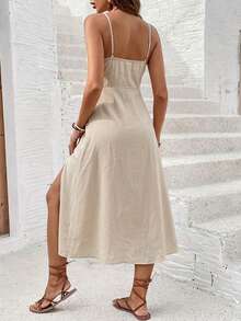 SHEIN Frenchy Đầm nữ dài ngang gối xẻ cao, chất liệu 100% cotton, thích hợp cho kỳ nghỉ hè, trang phục đi nghỉ mát cho nữ. - Màu be - Xem 2
