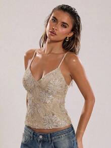 SHEIN BAE Áo hai dây nữ gợi cảm hở lưng, đính hạt, họa tiết hoa, thích hợp cho kỳ nghỉ biển, đi chơi, dạo phố, đi nghỉ mát ở biển. - Màu Khaki - Xem 3