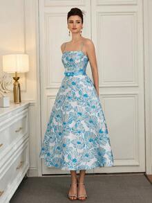 Poshira Vestido cóctel de mujer con camisola de jacquard floral con nudo en la cintura (diseño muy adornado) - Azul marino - Ver 3
