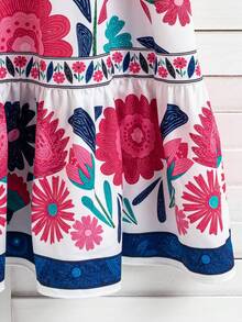 SHEIN Sparklyn Đầm hai dây cho bé gái tuổi teen, dáng ôm eo, viền bèo nhún, họa tiết hoa, có đường viền trang trí, thích hợp mặc hàng ngày, đi du lịch, chụp ảnh, dã ngoại mùa hè. - Màu Hồng Tươi - Xem 5