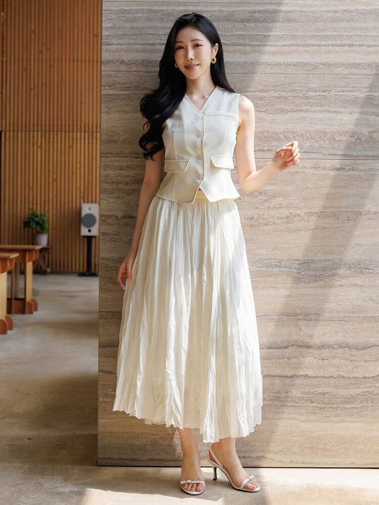 Sleeveless Elegant Casual Long Vest & Skirt 2 Pieces Set For Women, Spring/Summer
