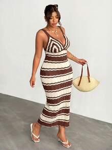 Firerie Plus Size Women Vacation Striped Bodycon Sexy Spaghetti Strap Knit Dress Fall - Coffee Brown - View 6