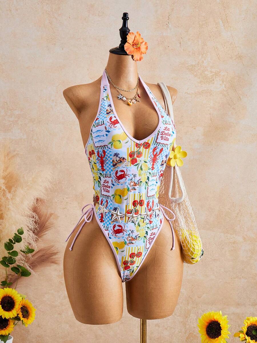 Bellisia Traje de baño de una pieza para mujer con estampado aleatorio de langosta, cangrejo y frutas, escote en V sexy, cuello halter, espalda descubierta y corte alto - Multicolor - Ver 1