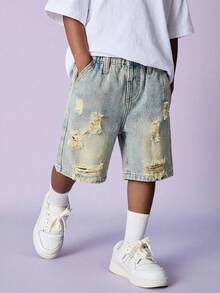 Pantalones cortos vaqueros azules sueltos y rotos de estilo retro para niño - Lavado ligero - Ver 4