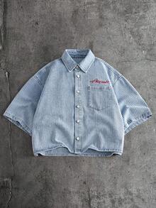 AXEPEAK Áo sơ mi denim nam thêu chữ - Màu xanh lam - Xem 1