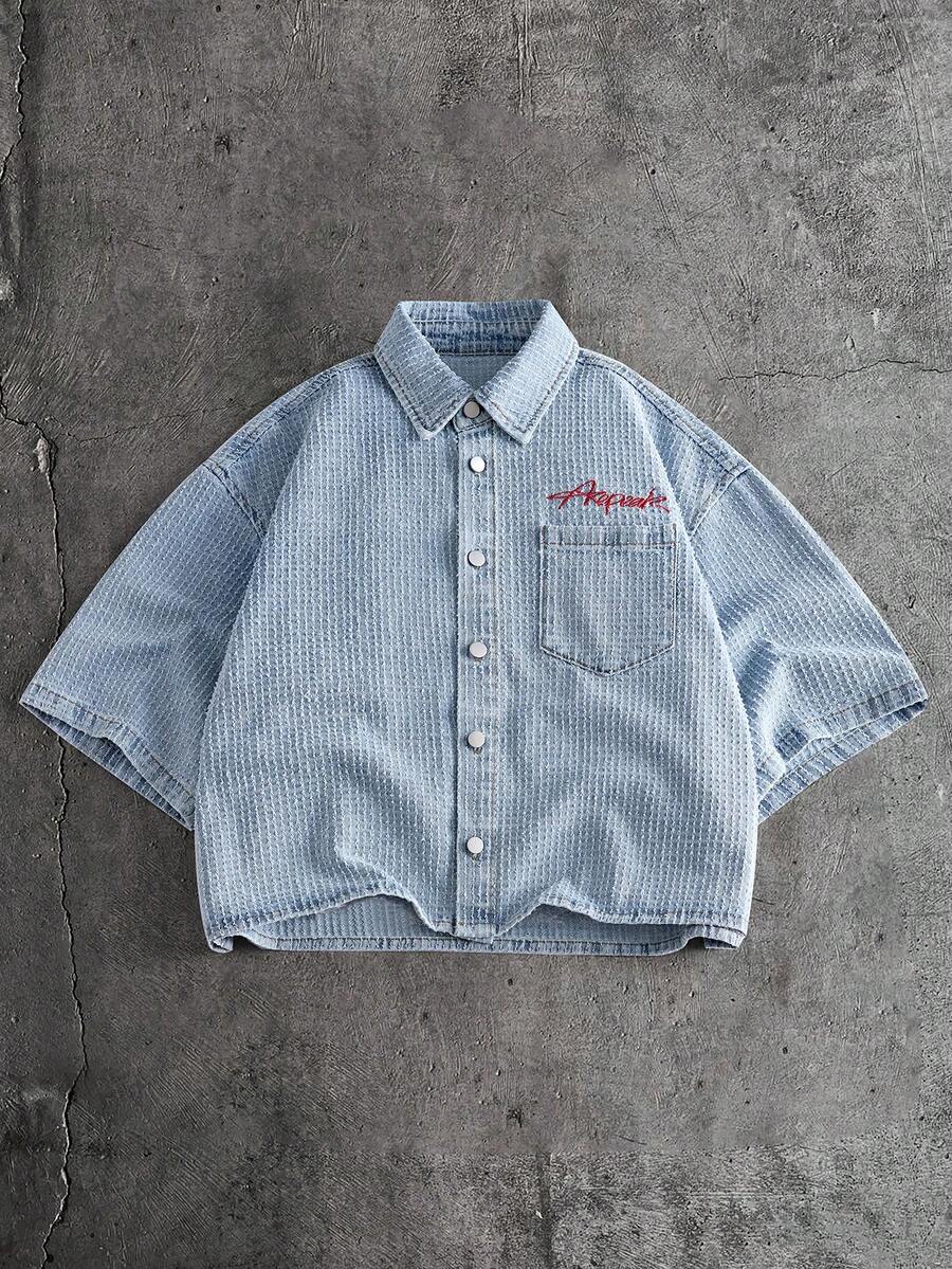 AXEPEAK Áo sơ mi denim nam thêu chữ - Màu xanh lam - Xem 1