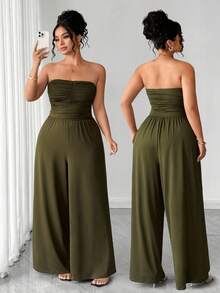 Elenzga Plus Size Women Strapless Pleated Wide Leg Jumpsuit Birthday Outfits For Women Jumpsuit Jumpsuits For Woman Elegant For Party Strapless Jumpsuits Latest Outfit For Women Party Outfits For Women Zoey Outfit Yoga Jumpsuit Zante Holiday Outfit Zoo Outfits Women - Army Green - View 1