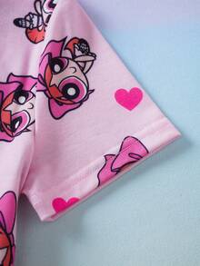 THE POWERPUFF GIRLS X SHEIN Áo thun ngắn tay cổ tròn in hình trái tim và hoạt hình phong cách thường ngày dành cho bé gái mùa hè. - Hồng - Xem 5