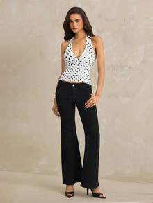 SHEIN Tall Schwarzes Polka-Dot-Muster Lässig Neckholder-Top, geeignet für Brunch, Ausflüge, Dates, Pendeln, Kreuzfahrten, Ibiza, Sommer-Top, für große Frauen - Weiss - Übersicht 1