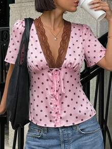 SHEIN EZwear Áo kiểu satin buộc dây phối ren in chấm bi thời trang nữ - Hồng - Xem 10