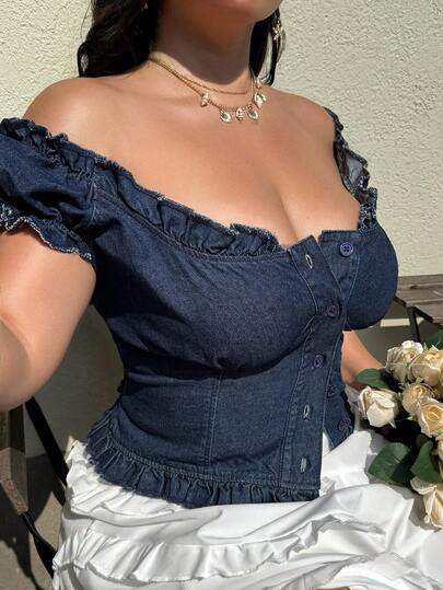 Dazy Plus Plus Size Women's Frayed Hem Patchwork Casual Western Denim Crop Top, Spring/Summer