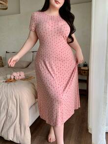 Dazy Plus Plus Size Women's Elegant Long Ditsy Floral Elastic Fitted Nightgown, Spring/Summer, Pink Pajamas - Pink - View 7