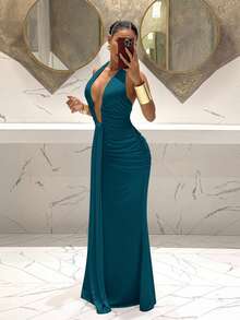 Slaydiva 2025新款优雅深V领美人鱼连衣裙，适合派对、生日、酒吧、夜店、情人节、万圣节、圣诞节等场合 - 棕色 - 藏蓝色 - 查看 3