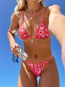 Swim Mod Women's Random Print Bikini Set With Adjustable Shoulder Straps And Metal Decor, Suitable For Spring And Summer - Multicolor - View 1