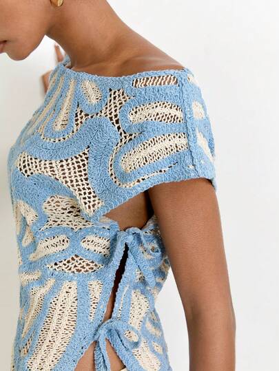 Maija Blusa de punto con cordones y calados de color contrastante para vacaciones de mujer