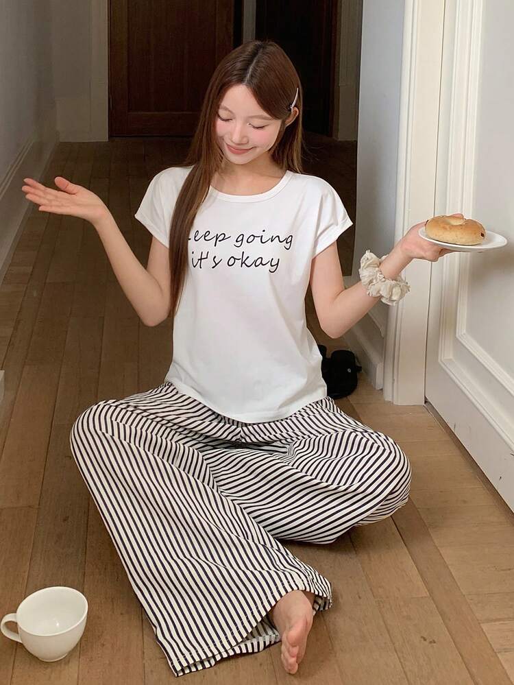 2pcs/Set Women's Graphic Short Sleeve T-Shirt And Striped Straight Leg Long Pajama Pants Sleepwear Set, Summer