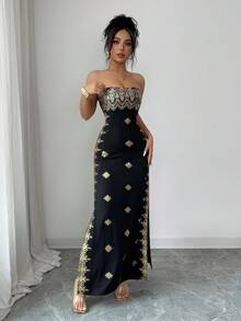 SHEIN Raffinéa 时尚高端紧身金色箔片无袖性感抹胸连衣裙，适合女士春夏穿着，可作度假、外出、Y2K风格、春季、夏季、返校季、休闲、海滩、商务等场合，百搭时尚，亦可作黑色连衣裙或金色箔片连衣裙。 - 黑色 - 查看 6