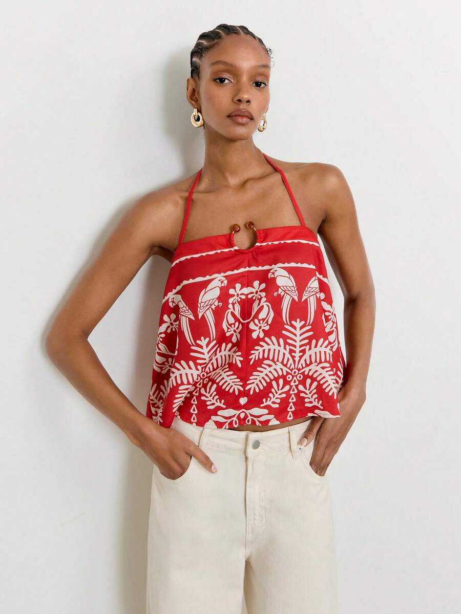 Maija Áo tank top nữ mùa hè không tay, cổ yếm, buộc dây, dáng rộng, thoải mái, thích hợp đi biển hoặc du lịch, in hình cây cọ đỏ. - Đỏ - Xem 1