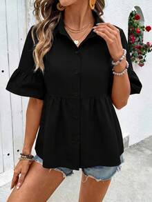 SHEIN Holidaya Áo sơ mi nữ cổ trắng mùa hè mới, họa tiết hoa anh đào khắp thân áo, tay áo loe xếp ly, dáng rộng thoải mái, tôn dáng, thích hợp cho đi làm, đi nghỉ mát và các hoạt động ngoài trời. - màu đen - Xem 3