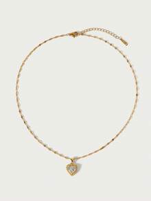 Glisma 1pc Elegant Heart-Shaped Copper Pendant Necklace, Heart Necklace, Cubic Zirconia, Stainless Steel Chain, Summer Jewelry Gift,  For Girls And Women - Multicolor - View 4