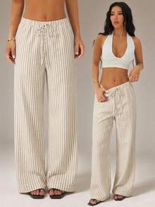 SHEIN PETITE Quần ống rộng kẻ sọc kiểu cổ điển dành cho nữ, có thắt lưng, thích hợp mặc hàng ngày, kiểu dáng suông, trang phục mùa thu phong cách cổ điển cho nữ. - Màu Khaki - Xem 5