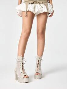 ROMWE Fairycore Women Heeled Sandals~ 2026 New Fashion Spring And Autumn Jazz Dance High Heels Peep Toe Sandals Women Thick Heel Hollow Ankle Boots Lace Up Thick Heel Dance Cool Boots Women Y2K - Khaki - View 2