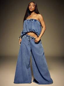 Denimoi Bubble Hem Strapless Denim Top Fashion Denim Top Brunch Outfit Denim On Denim Vacation Outfit Summer Outfit Two Piece Set - Medium Wash - View 2