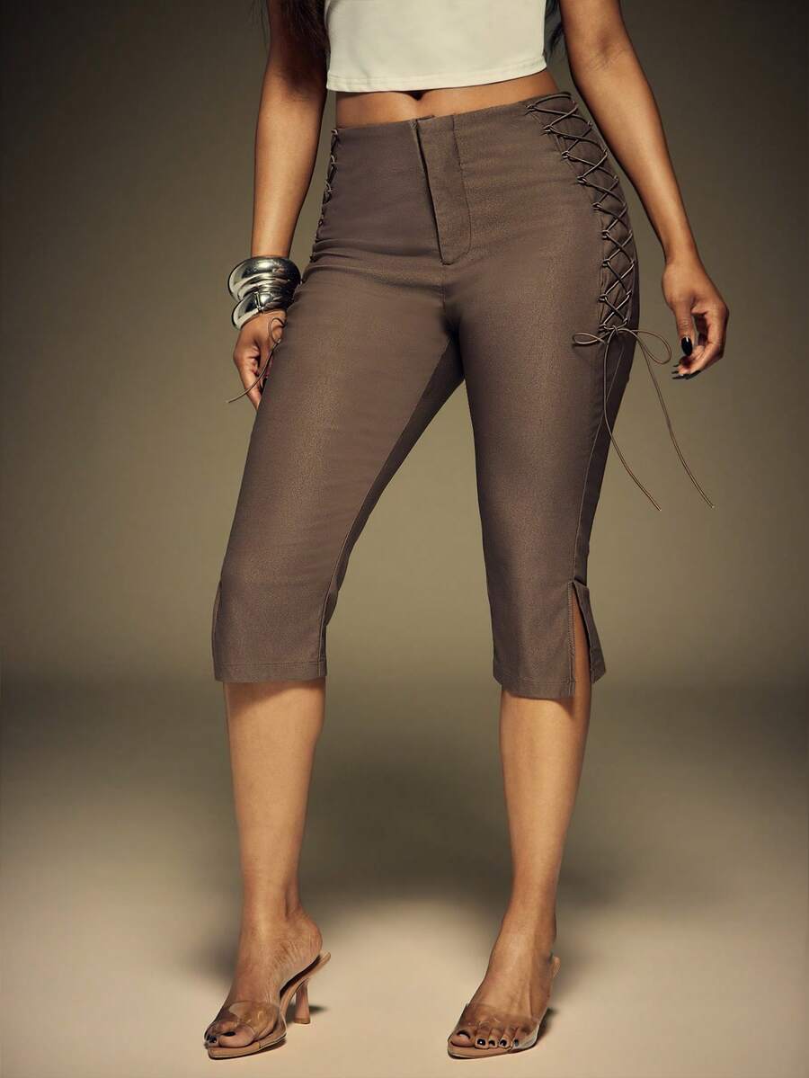 Denimoi 侧边系带七分裤 性感时尚裤 时尚辣妹七分裤 度假装扮 - 棕色 - 查看 1