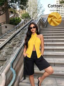 SOLERSUN Áo kiểu nữ màu vàng trơn, chất liệu cotton nguyên chất, hở lưng, cổ yếm, thanh lịch, kiểu quấn chéo, thích hợp cho kỳ nghỉ đi biển hoặc trang phục công sở thường ngày. - Màu vàng - Xem 3
