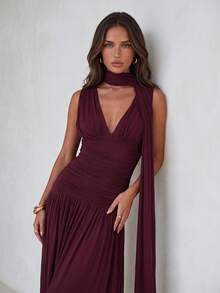 Aloruh Elegante falda acampanada de línea A con cuello en V de malla brillante burdeos fruncida (volante de gasa desmontable), adecuada para citas, fiestas de solteros, bodas, eventos formales, vestido de dama de honor - Burdeos - Ver 8